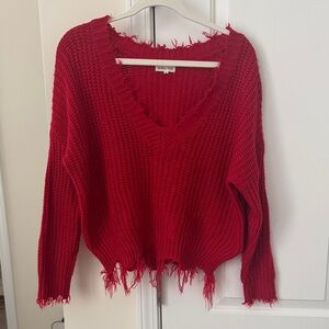 Main Strip Red Distressed V-Neck Sweater